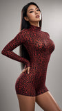 MB FASHION Leopard Print Mesh Mock Neck Romper 2673