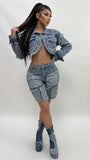 MB FASHION Distressed Denim Patchwork Crop Jacket and Bermuda Shorts Set 1332LY