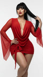 MB FASHION Deep V Plunging Neckline Long Sleeve Draped Mini Skirt Set 6101