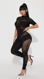 MB FASHION Mesh Panel Jumpsuit - Mock Neck Bodysuit 2273