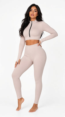 MB FASHON 2-Piece Zip-Up Crop Top and High-Waisted Leggings Set 7905T