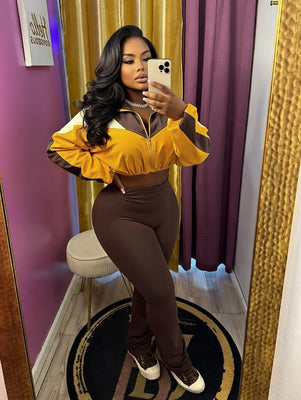 EVERY FASHION Color-Block Cropped Jacket and High-Waist Flare Pants Set MB 4060LY