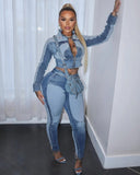 MB FASHION Two-Piece Zip-Up Denim Jacket and High-Waist Jeans Set 8196