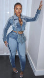 MB FASHION Two-Piece Zip-Up Denim Jacket and High-Waist Jeans Set 8196