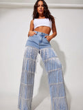 MB FASHION High-Waist Fringe Detail Wide-Leg Jeans 2404