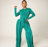 MB FASHION Long-Sleeve Fringe Detailed Top and High-Waisted Pants Set 223LY