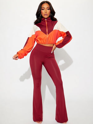 EVERY FASHION Color-Block Cropped Jacket and High-Waist Flare Pants Set MB 4060LY