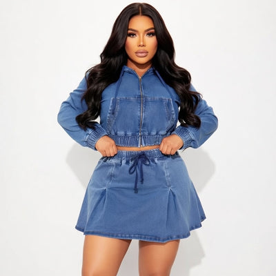 MB FASHION Two-Piece Denim Hoodie and Skirt Set 1325