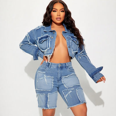 MB FASHION Distressed Denim Patchwork Crop Jacket and Bermuda Shorts Set 1332LY