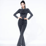 MB FASHION Women’s Ribbed Two-Piece Lounge Set - Long Sleeve Zip Crop Top & High Waist Flared Pants 8199