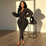 EVERY FASHION HIGH QUALITY COTTON RIBBED V-Neck Fitted Hourglass Jumpsuit MB 4102LY