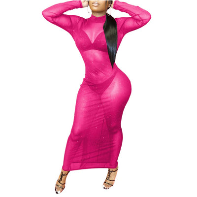 MB FASHION Long Sleeve Sheer Mesh Dress with Open Back and Shimmer 6110T