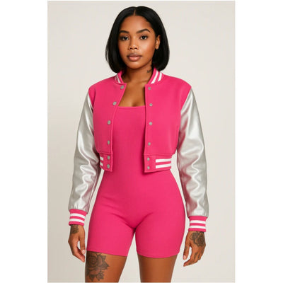 MB FASHION Ribbed Romper & Cropped Varsity Jacket Set 3901LY