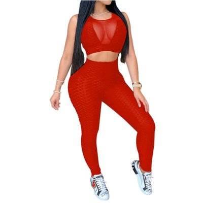 MB FASHION Textured Mesh Crop Top and High-Waisted Leggings Set 10591