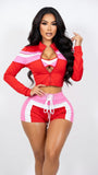 MB FASHION Three-Piece Zip-Up Jacket, Crop Top, and Lace-Up Shorts Set 5029LY