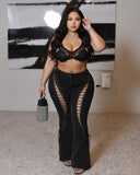 MB FASHION Black Lace-Up Side Distressed Flare Jeans 8202