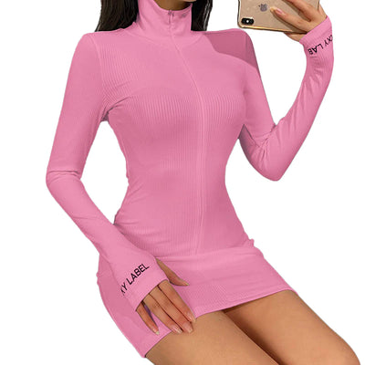 MB FASHION High Neck Ribbed Mini Dress with Half-Zip and Thumbholes 918