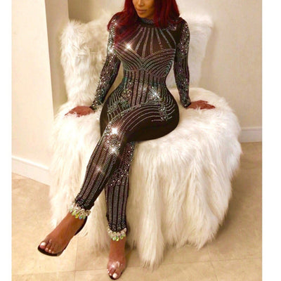 MB FASHION Sheer Embellished Long-Sleeve High-Neck Party Jumpsuit 3500T