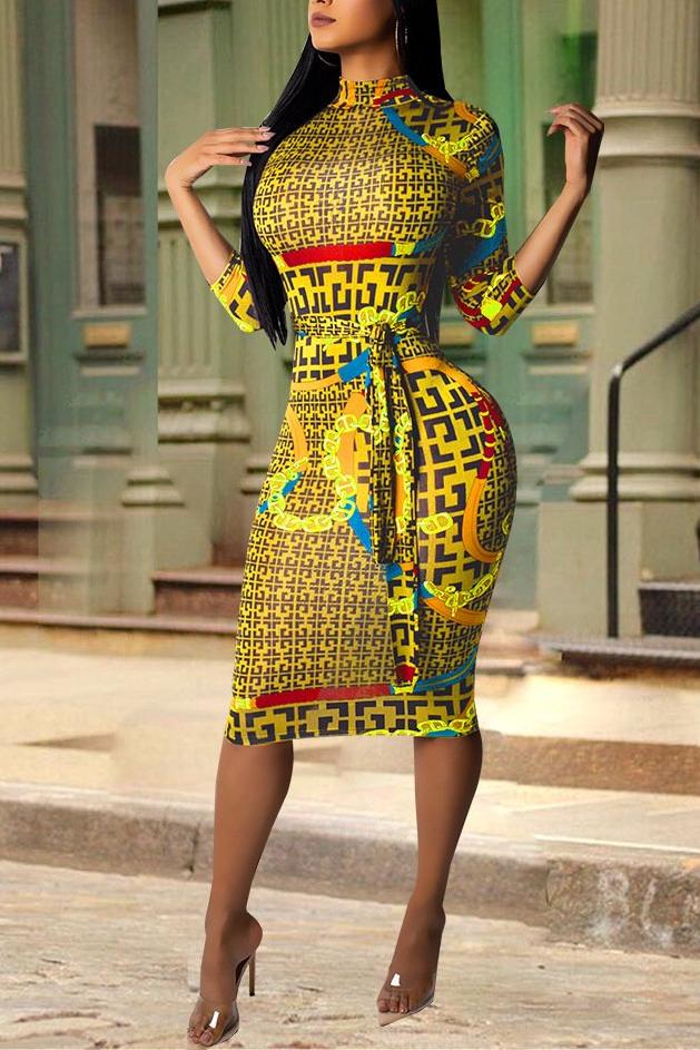 MB Fashion Yellow Print Dress 3454