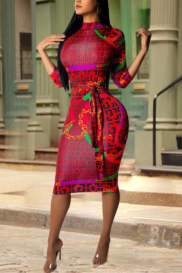 MB Fashion Red Print Dress 3454