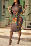 MB Fashion Browm Print Dress 3454