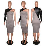 MB FASHION COLOR BLOCK LEATHER SIDE DRESS 8400