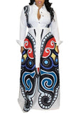 MB Fashion Printed Button Up Long Sleeve Maxi White Dress 162