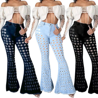 MB FASHION High-Waisted Cutout Bell-Bottom Jeans with Frayed Hems 8345R