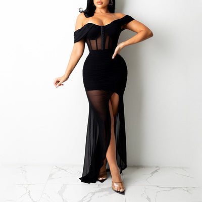 MALYBGG One-Shoulder Mesh Maxi Dress for a Sexy Nightclub Look 6181LY