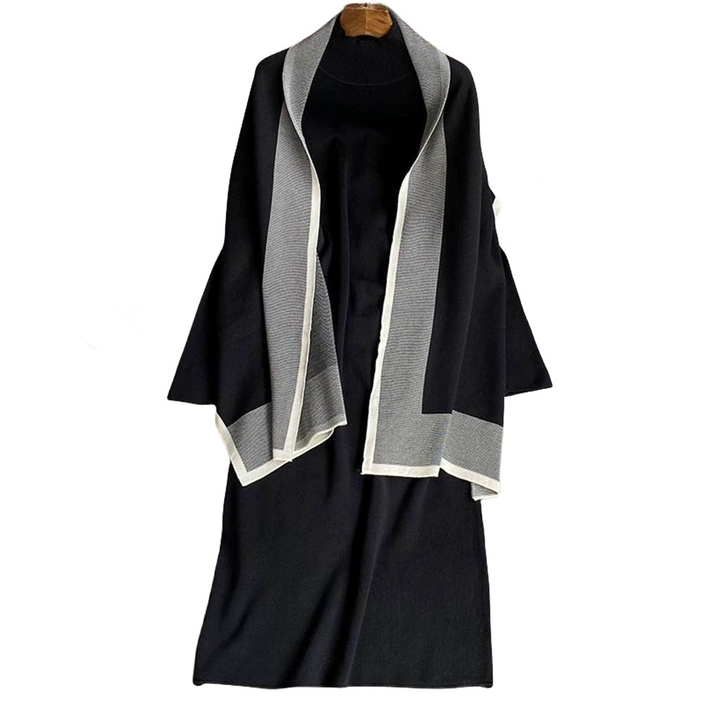 MALYBGG Contrast Cape Poncho + Semi-Turtleneck Knit Dress: Stylish Duo for Women 8056LY