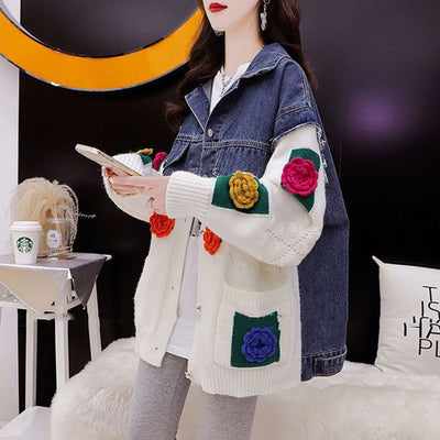 MALYBGG Oversized Knit Cardigan with Heavy-Duty Denim Accents 8007LY