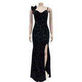 MALYBGG Solid Color Sequined Strappy Maxi Dress 6789LY