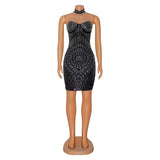 MALYBGG Bodycon Fringed and Rhinestone-Embellished Strapless Dress for Women 6824LY