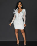 MALYBGG Feather-Adorned Mesh V-Neck Dress 3116LY