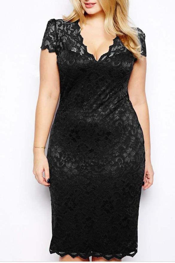 MB FASHION Elegant Lace V-Neck Bodycon Dress with Scalloped Hem 518