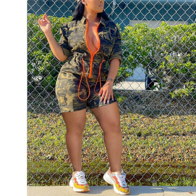 MB FASHION Camouflage Utility Jumpsuit with Orange Zipper and Drawstrings 250T last M