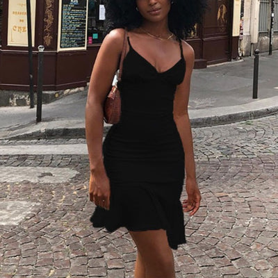MB FASHION Spaghetti Strap Mini Dress with V-Neck and Flared Hem 170T