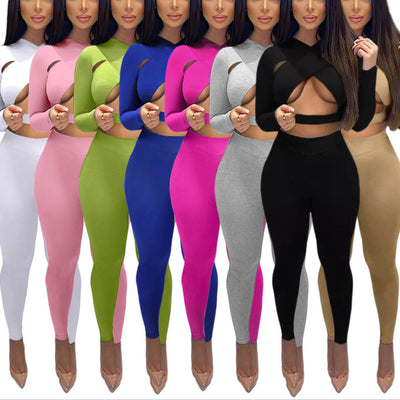 MB FASHION Cutout Long-Sleeve Crop Top and High-Waist Legging Set 6396R