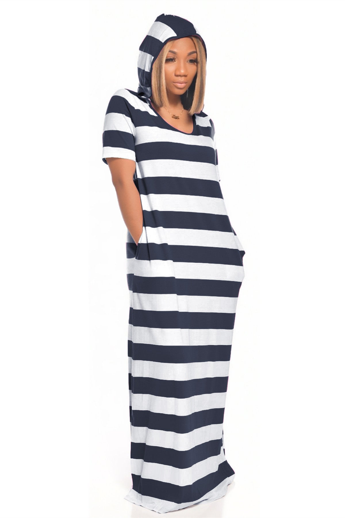 MB FASHION Striped Hooded Maxi Dress with Short Sleeves 4039 | MB Fashion Wholesale MB FASHION Striped Hooded Maxi Dress with Short Sleeves 4039 | MB Fashion Wholesale