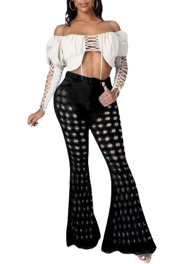 MB FASHION High-Waisted Cutout Bell-Bottom Jeans with Frayed Hems