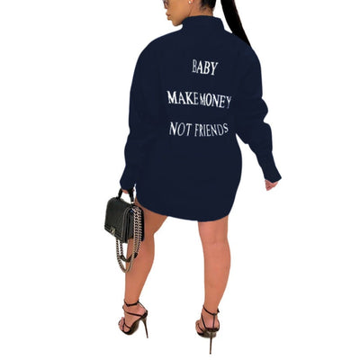 MB FASHION Button-Down Long Sleeve Top with Printed Back Slogan 11510