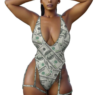 MB FASHION Sexy Money Print High-Cut One-Piece Swimsuit 273R