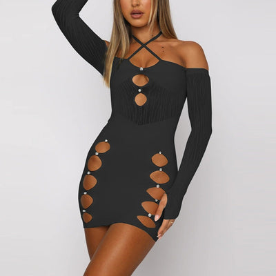 MB FASHION Cutout Rhinestone Embellished Sheer Sleeve Mini Dress 0010T