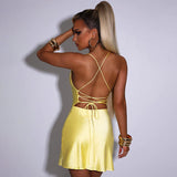 MB FASHION Satin Cowl Neck Mini Dress with Lace-Up Open Back 195T