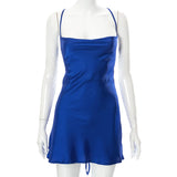 MB FASHION Satin Cowl Neck Mini Dress with Lace-Up Open Back 195T