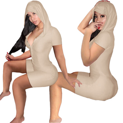 MB FASHION Hooded Short Sleeve Button-Up Jumpsuit 5224T