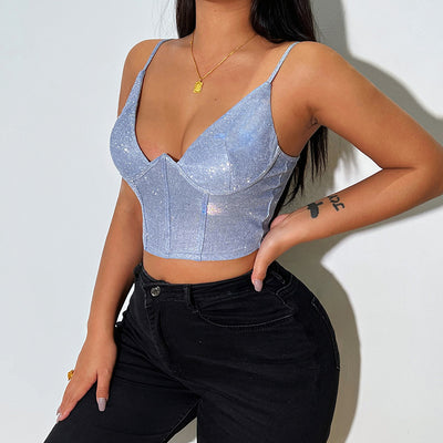 MB FASHION Shimmering Sweetheart Crop Top with Spaghetti Straps 1648T