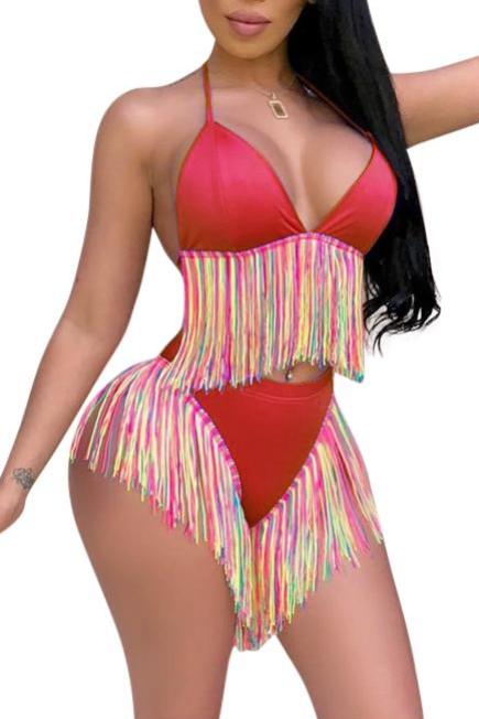 MB Fashion RED Tassel Swimming Suit 10050