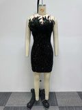 MALYBGG Feather and Bead Body-Hugging Strapless Dress 2852LY