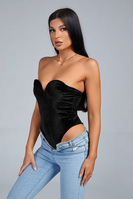 MB FASHION Velvet Strapless Sweetheart Neck Bodysuit - High-Cut Snap Closure One-Piece 7791T